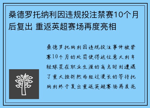 桑德罗托纳利因违规投注禁赛10个月后复出 重返英超赛场再度亮相